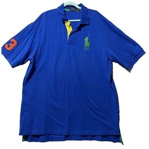 Polo Ralph Lauren Big Pony PoloShirt Men's XLT Tall Blue Sleeve Patch #3 Preppy
